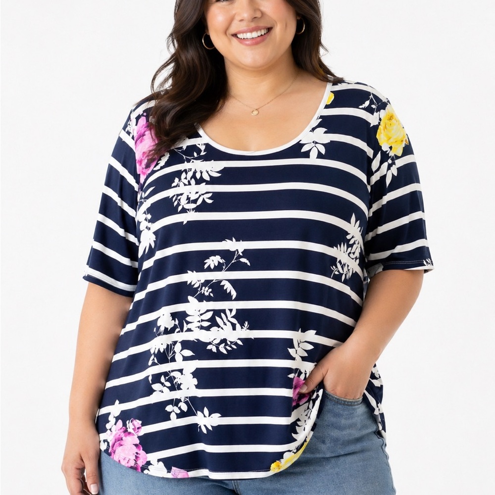 Striped Soft Floral Scoop Neck Tee - Navy/White with Pink & Yellow Accents 22/24